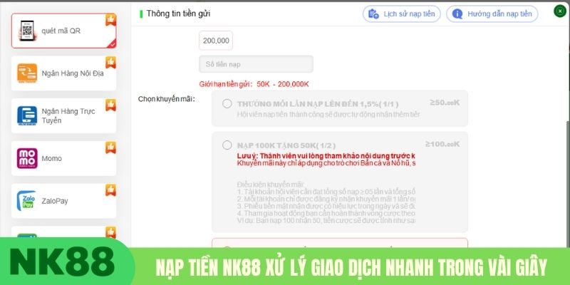 Nạp tiền NK88 xử lý giao dịch nhanh trong vài giây