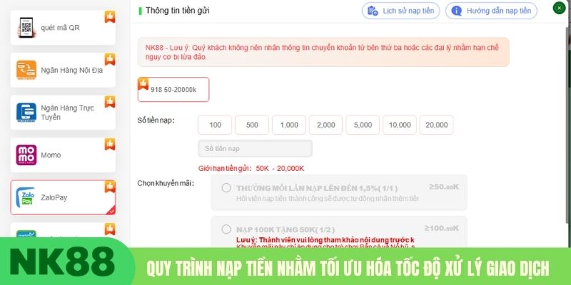 Quy trình nạp tiền nhằm tối ưu hóa tốc độ xử lý giao dịch